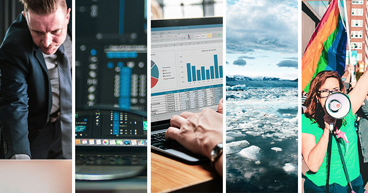 Five Challenges for CFOs River Logic visuals: advanced analytics, supply chain optimization, scenario modeling, decision support for business performance.